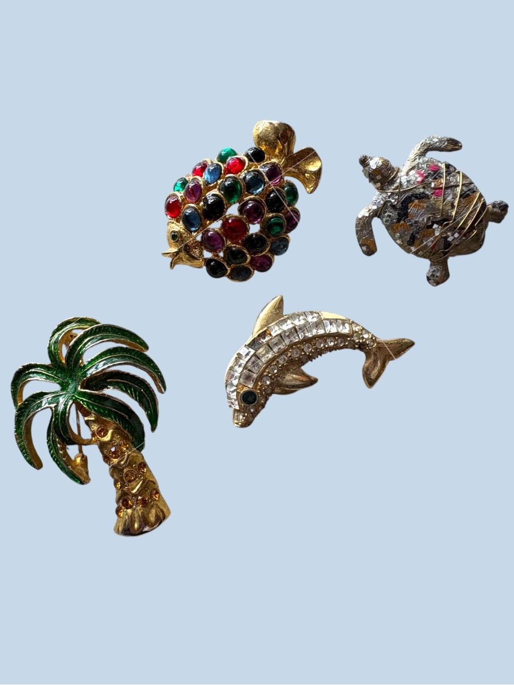 Vintage Brooch Lot Tropical Palm Tree Dolphin Turtle Jeweled Fruit Gold